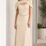 Pleated Cape Sleeve Beaded Maxi Dress with Cutout Detail