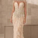 Exquisite Beaded Illusion Feather Evening Gown