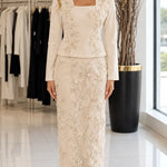 Floral Embroidered Square Neck Jacket & Maxi Skirt Two-Piece Formal Set