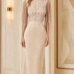 Sequin Beaded Fringe Mock Neck Maxi Evening Gown with Lace-Up Back