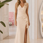 Elegant V-Neck Ruffled Slit Evening Gown with Beaded Floral Detail