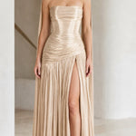 Strapless Ruched Metallic Pleated Maxi Dress with Scarf Cape Detail