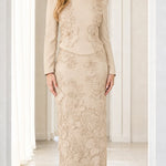Elegant Beaded Floral Lace Long Sleeve Column Evening Maxi Dress