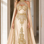 Halter Neck Embroidered Cape Evening Gown with Beaded Fringe