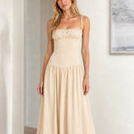 Women's Ruched Bust Drop Waist Maxi Dress Sleeveless Flowy Evening Gown