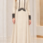 Velvet Trim Beaded Bodice Long Sleeve Maxi Dress