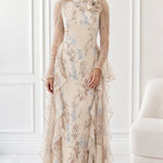 Floral Print Long Sleeve Chiffon Maxi Dress with Cascading Side Ruffles