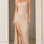 Strapless Beaded Corset Evening Gown with Lace-Trim High Slit
