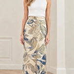 High-Waisted Metallic Jacquard Column Maxi Skirt with Feather Trim