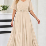 Elegant V-Neck Flutter Sleeve Chiffon Maxi Evening Dress with Embellished Waist