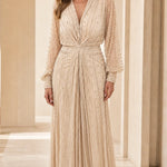 Elegant V-Neck Beaded Long Sleeve Evening Maxi Dress