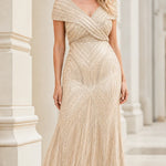 Elegant V-Neck Beaded Evening Gown Formal Maxi Dress
