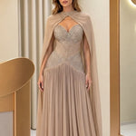 Elegant Embellished Cape Evening Gown with Pleated Skirt