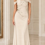 Off-the-Shoulder Ruched Formal Evening Gown with Beaded Applique