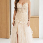 Floral Lace Corset Bodice Tulle Maxi Evening Gown with Slit