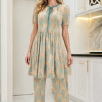 Geometric Velvet Babydoll Tunic and Straight Pants 2-Piece Set