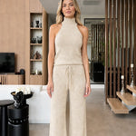 Sleeveless Mock Neck Knit Top and Wide-Leg Pants Two-Piece Set