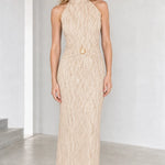 High Neck Sleeveless Glitter Textured Maxi Dress with Waist Ornament