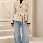 Women's Herringbone Belted Utility Blazer Jacket with Flap Pockets