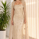 Strapless Beaded Column Evening Gown with Dramatic Sheer Cape