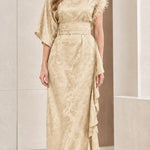 Floral Jacquard Asymmetrical Maxi Dress with Embellished Neckline