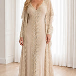 Sequin Embroidered V-Neck Maxi Evening Gown with Sheer Lace Duster Jacket Set