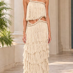 One-Shoulder Cutout Tiered Ruffle Maxi Dress with Braided Rope Trim