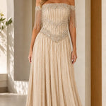 Off-the-Shoulder Beaded Fringe Corset Evening Gown