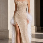 Strapless Embellished Sequin Maxi Evening Gown with Thigh Slit