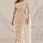 One-Shoulder 3D Floral Applique Cutout Maxi Evening Dress