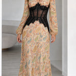 Paisley Print Lace Corset Waist Maxi Dress with Long Sleeves