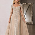 Rhinestone Embellished Cape Evening Gown Sweetheart Formal Dress