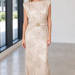 Elegance Embroidered Maxi Dress with Gold Buckle Accent