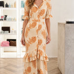 Paisley Print Belted Maxi Dress with Tiered Ruffle Hem and Flutter Sleeves