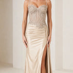 Sleeveless Beaded Corset Slit Formal Evening Dress