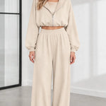 Women's 3-Piece Casual Cropped Zip Hoodie and Wide-Leg Lounge Set