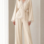 Lace Trim Wrap Blazer and Wide-Leg Pants Two-Piece Suit Set