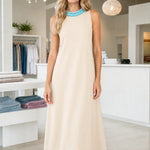 Sleeveless Beaded Trim A-Line Midi Dress