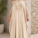 Off-the-Shoulder Pleated Yoke Kaftan Maxi Dress with Slit Cape Sleeves