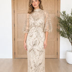 High Neck Embellished Mesh Maxi Dress with Sheer Balloon Sleeves