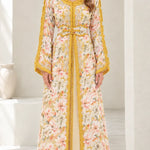 Floral Embroidered Moroccan Kaftan Maxi Dress with Belt