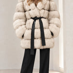 Women's Hooded Belted Faux Fur Coat with Tiered Plush Panels