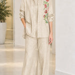 Women's Floral Embroidered Denim Shirt and Wide-Leg Pants Set