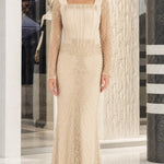 Square Neck Corset Bodice Beaded Mermaid Evening Gown with Long Sleeves