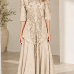 Embroidered 3/4 Sleeve A-Line Maxi Evening Gown with Mandarin Collar