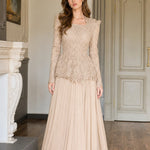 Long Sleeve Lace Peplum Evening Gown with Pleated Maxi Skirt