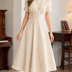 Elegant Short Sleeve Woven A-Line Midi Dress with Puff Sleeves