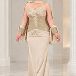 Strapless Sequin Corset Evening Gown with Embellished Cape Shawl