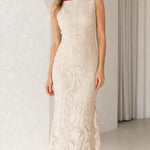 Sleeveless Floral Lace Boatneck Maxi Dress Formal Evening Gown