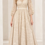 Elegant Floral Lace V-Neck A-Line Maxi Dress with 3/4 Sleeves